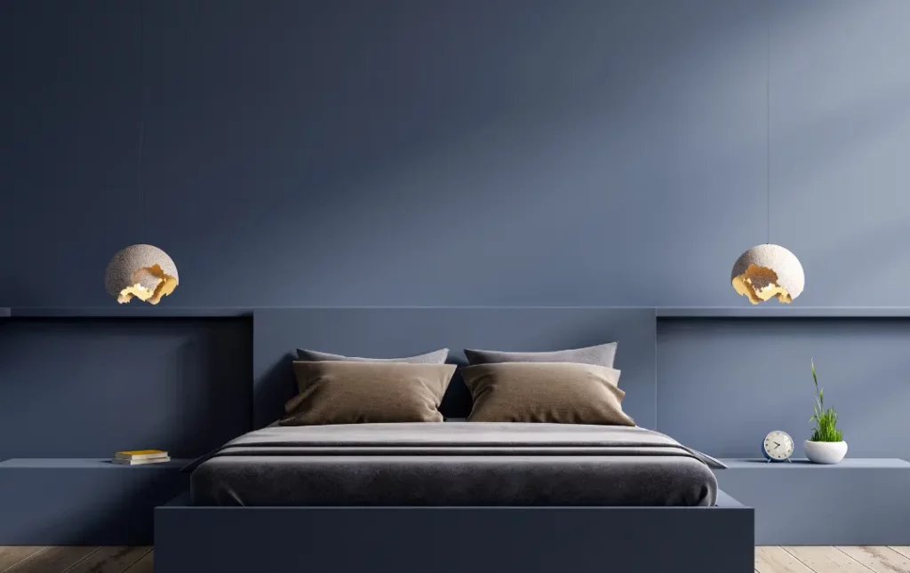 Modern bedroom painted dark grey.