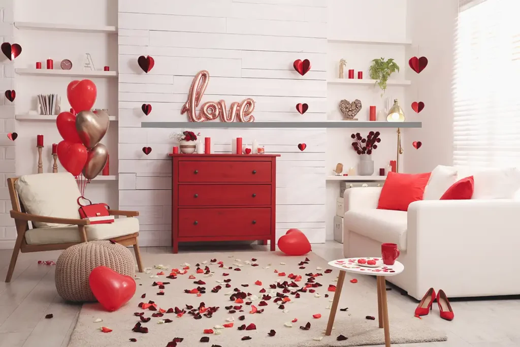 White living room decorated with hearts for Valentines Day